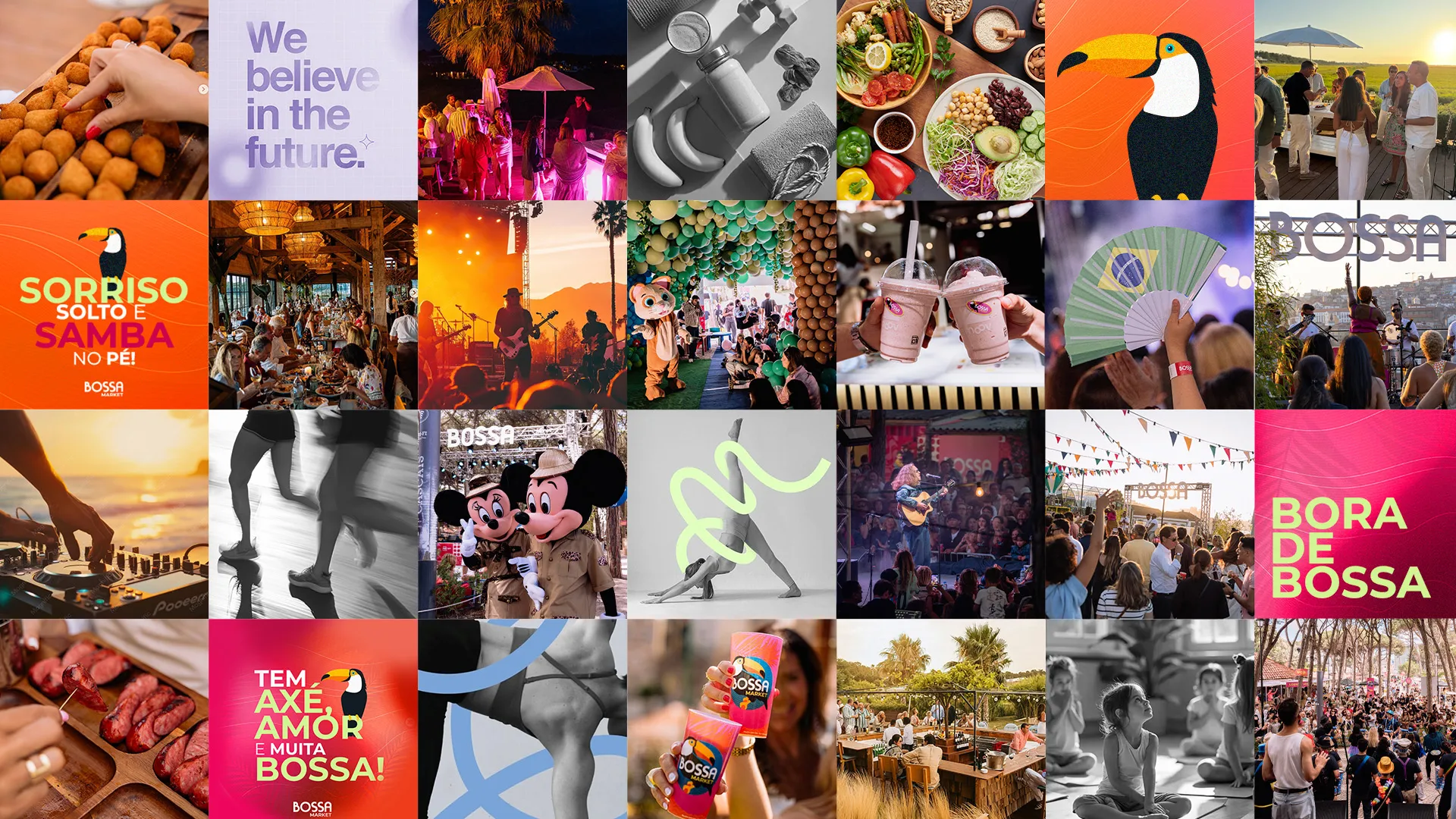 Mosaico de eventos Bossa: concertos, gastronomia, wellness e mercado